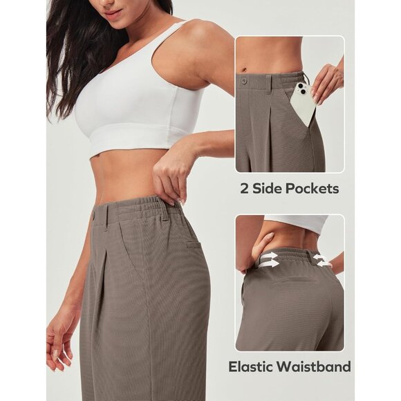 Women Stretchy Wide Leg Work Pants Pull On Brown 28'' Tall Casual Dress Slack - Picture 4 of 5